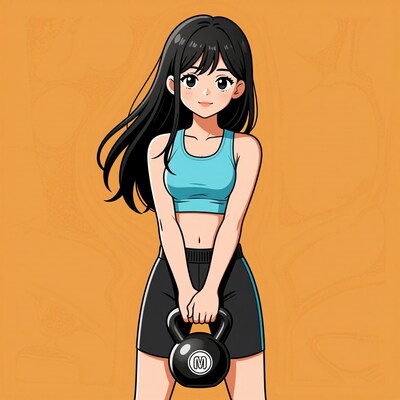Anime girl lifting kettlebell