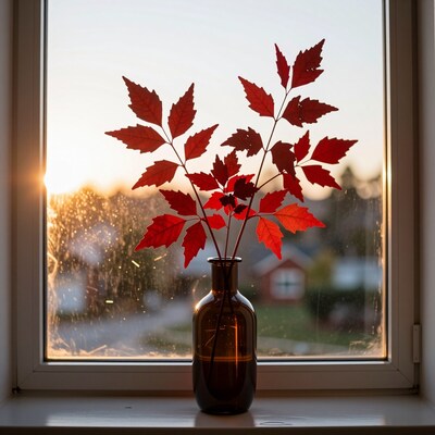 Red autumn leaves in vase