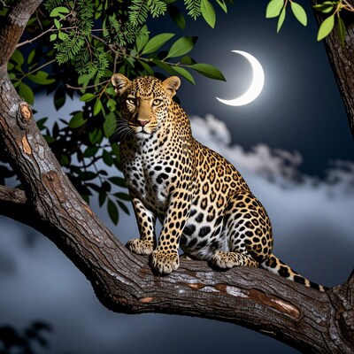 Leopard on tree branch at night