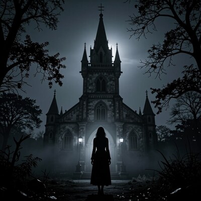 Woman at Gothic Church Night