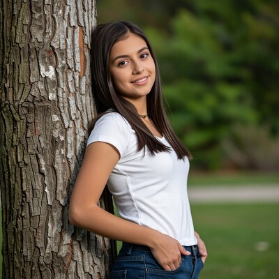 Young woman leaning on tree