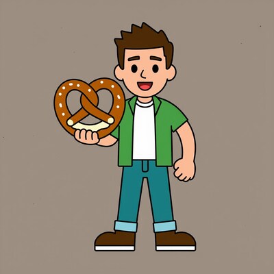 Cartoon boy holding pretzel
