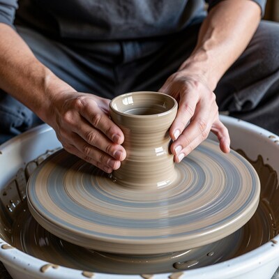 Potter shaping clay on wheel