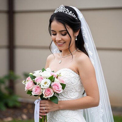 Bride with pink rose bouquet