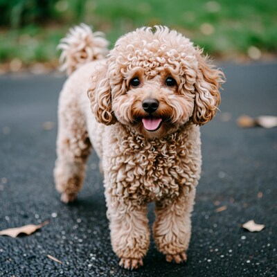 Happy apricot poodle puppy
