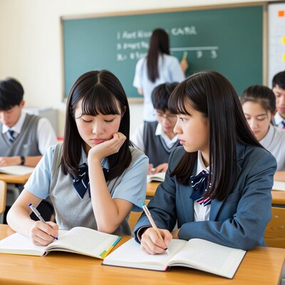 Japanese schoolgirls studying in classroom