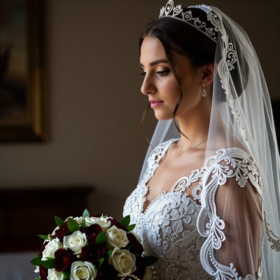 Bride in white lace gown with tiara