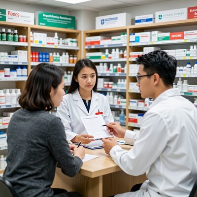 Pharmacist consulting patients in pharmacy