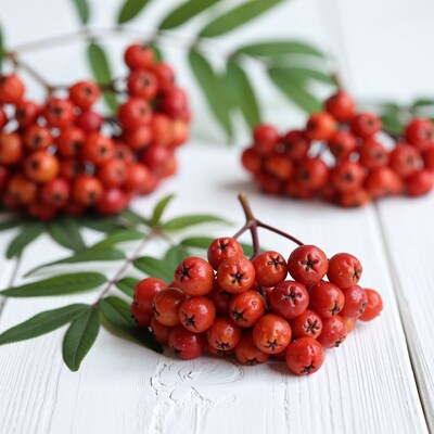 Red rowan berries on white wood