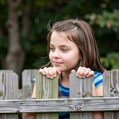 Young girl leaning on wooden fence