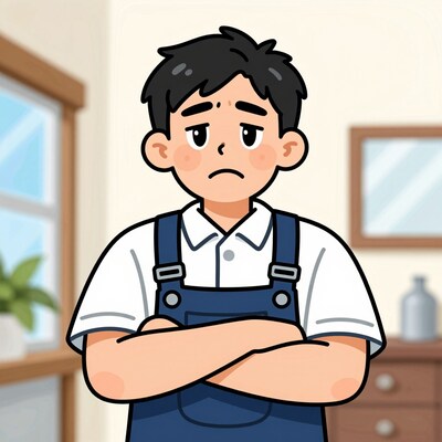 Sad boy in overalls