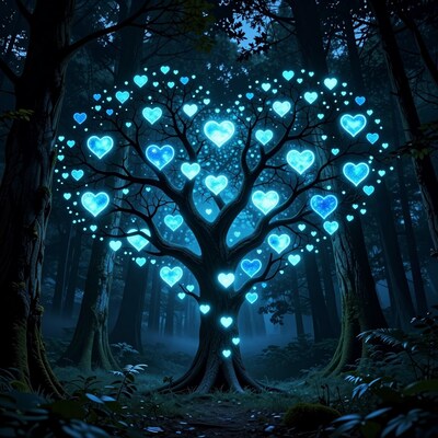 Glowing Heart Tree in Dark Forest