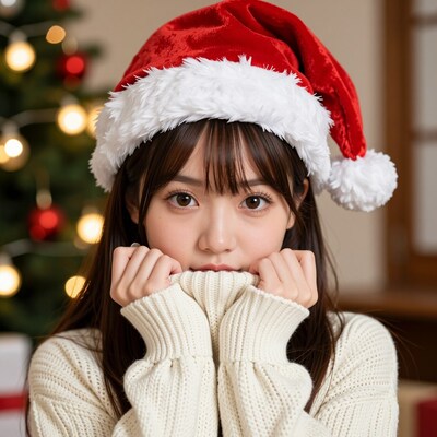 Young Asian woman in Santa hat