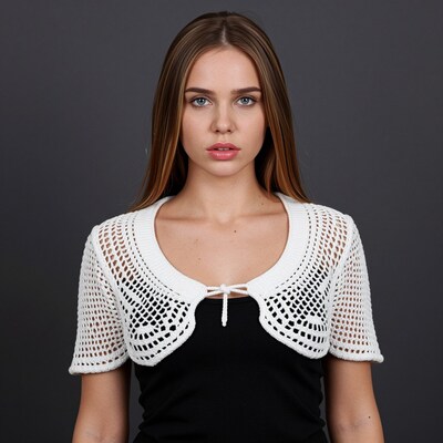 Woman in white crochet collar