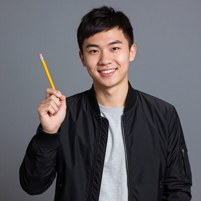 Smiling Asian man with pencil