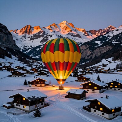 Hot air balloon over snowy Alps village
