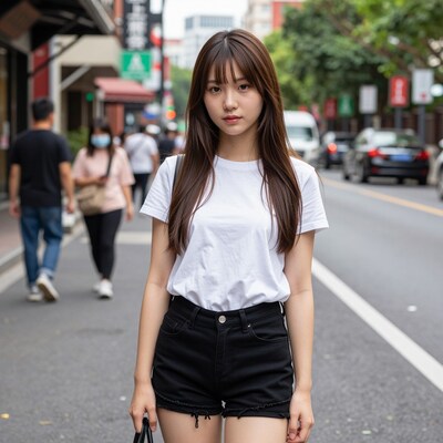 Young Asian Woman in White T-Shirt on City Street