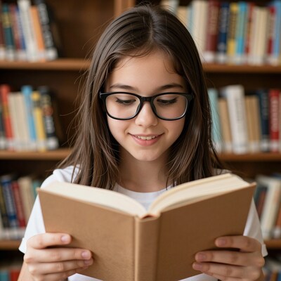 Girl reading book in library