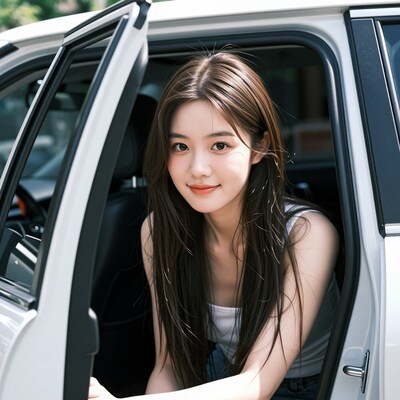 Young Asian woman in car