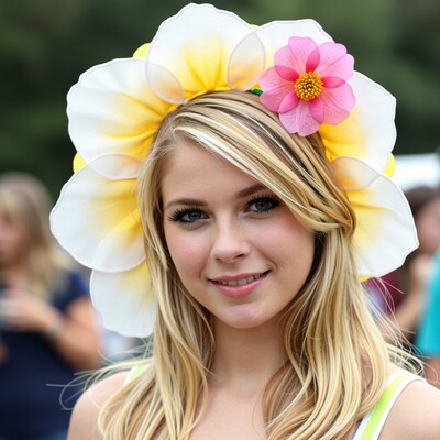 Blonde woman in flower hat