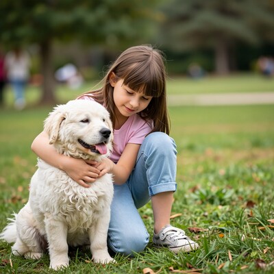 Girl hugging white dog