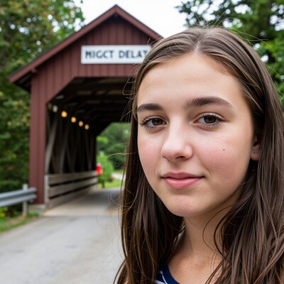 Teen girl at covered bridge