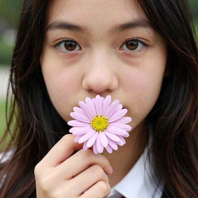 Asian girl smelling pink daisy