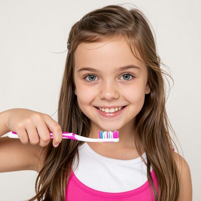 Girl brushing teeth with toothbrush