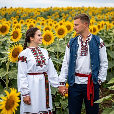 Ukrainian couple in sunflower field
