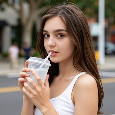 Young woman drinking iced beverage