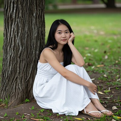Young Asian woman in white dress by tree