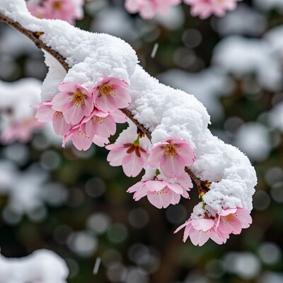 Pink cherry blossoms in snow
