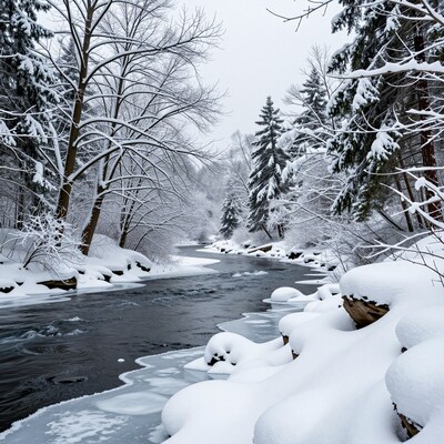 Snowy Winter River Forest