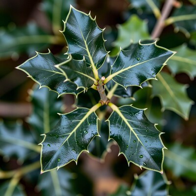 Holly Leaves with Water Drops