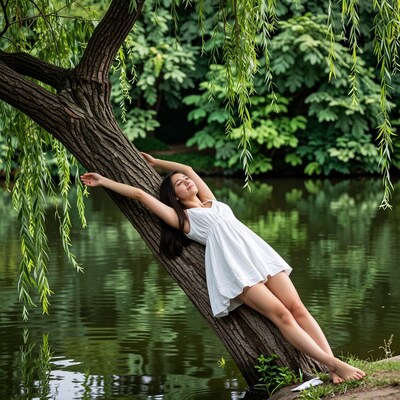 Woman Relaxing on Willow Tree