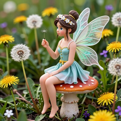 Fairy on Mushroom with Dandelions