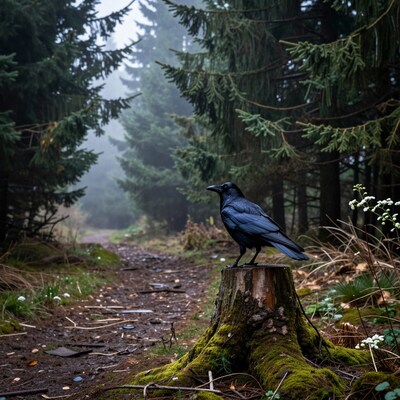 Raven on mossy stump in foggy forest