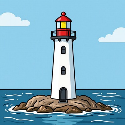 Cartoon Lighthouse on Rocky Island