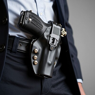 Man with concealed carry pistol in holster