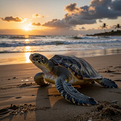 Sea Turtle on Tropical Beach at Sunset