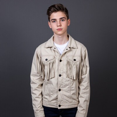 Young man in beige fringed jacket