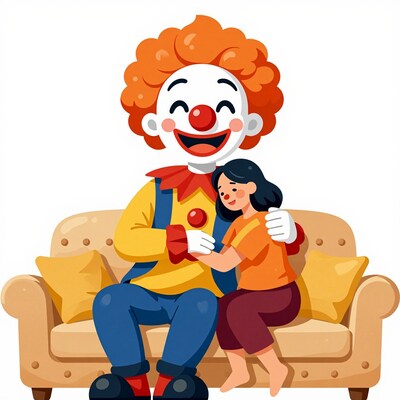 Clown hugging girl on couch