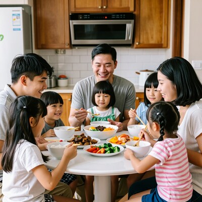 Asian family eating dinner together