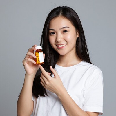 Asian woman holding vitamin bottle