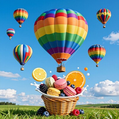 Colorful Hot Air Balloons Over Fruit Basket