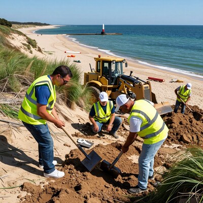 Construction Workers Digging on Beach