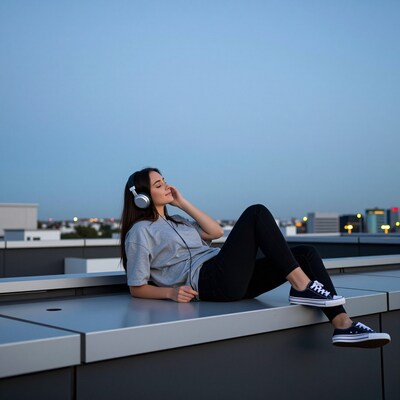 Woman relaxing with headphones on rooftop