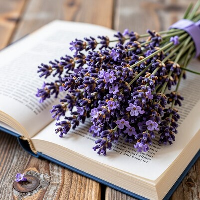 Lavender bouquet on open book