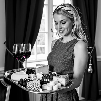 Blonde woman serving cheese and wine