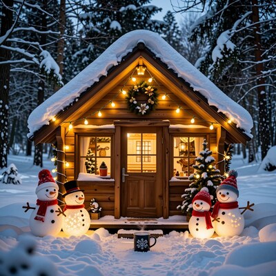 Cozy Snowy Cabin with Snowmen